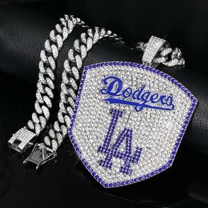 Iced Out Cuban Chain Rhinestone Large Pendant Necklace LA DODGERS MENS 20” Chain
